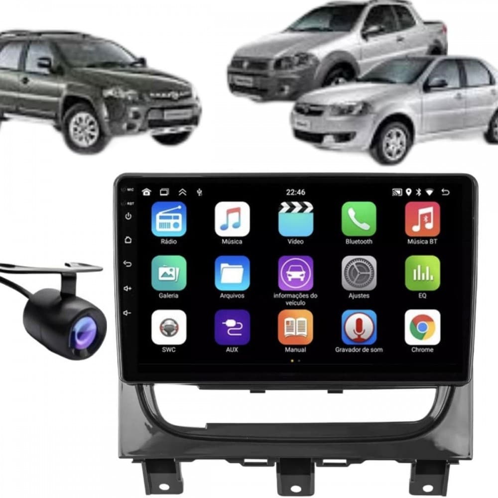 Central Multimídia Android 2 Din Fiat Strada Moldura 9" Câmera Ré Cinza