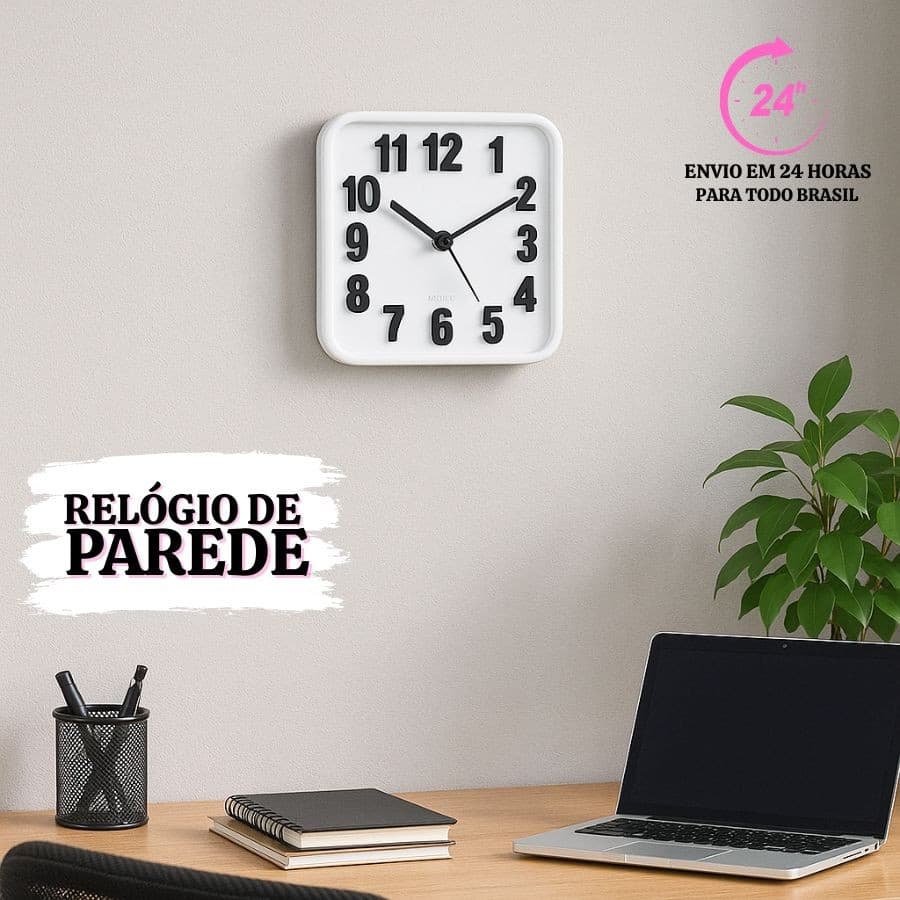 Relogio de Parede Quadrado/ Redondo Quartz Fundo Branco - Casa Decoração Escritorio