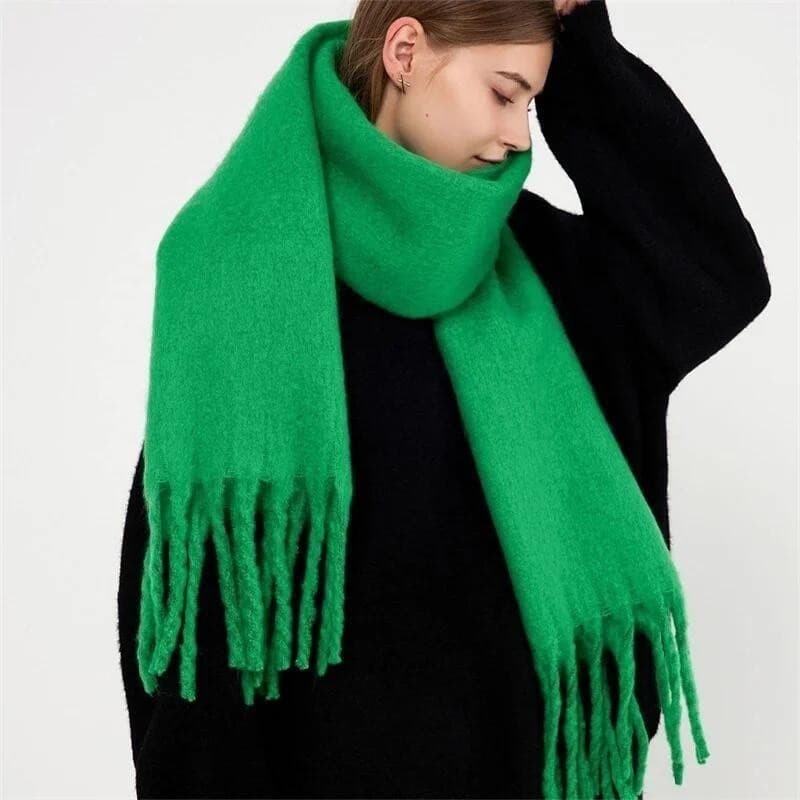 Cachecol de Inverno Feminino, Cachecol de Cashmere Quente e Espesso, Xale Clássico com Franjas, Cachecol Macio de Cor Só