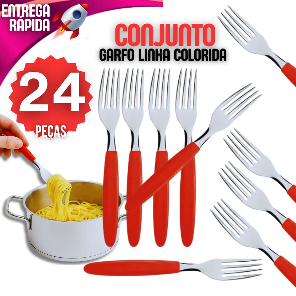 Kit 24 Talheres Aço Inox 24 Garfo de Mesa Casa Para Restaurante Cabo Vermelho Garfos Cabo Colorido