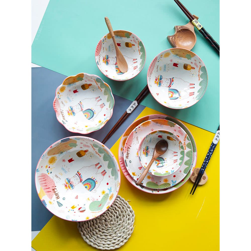 Estilo japonês Meteoron dos desenhos animados Alpaca Underglaze cor cerâmica talheres conjunto tigela de arroz tigela de