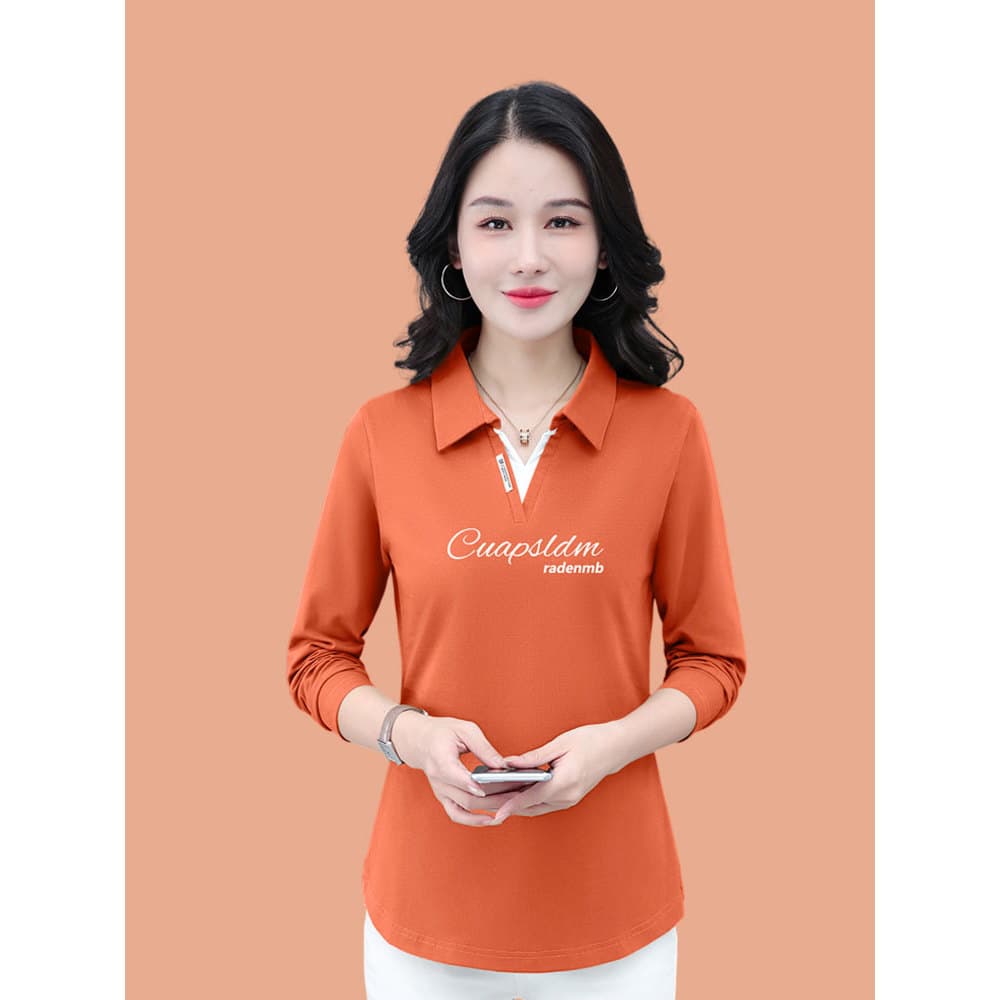 Woodpecker contador puro algodão de manga comprida camiseta feminina primavera outono meia-idade idosos POLO lapela cami