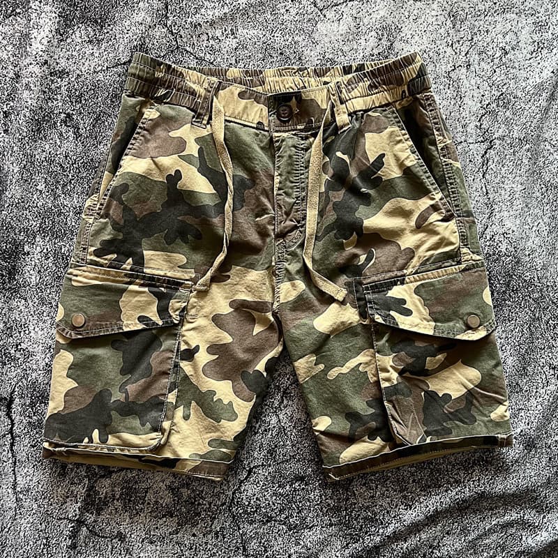 Verão novo estilo estiramento Material fino macacão Retro lavado camuflagem cordão Multi-bolso Shorts casuais calças de