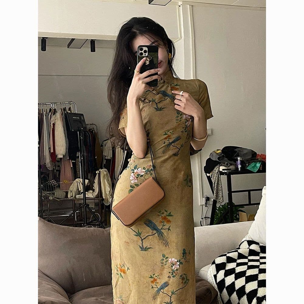 Vestido Estampado cheongsam Melhorado Para Mulheres , Verão , Estilo Chinês , Temperamento Retrô , Cintura Alta , Fivela