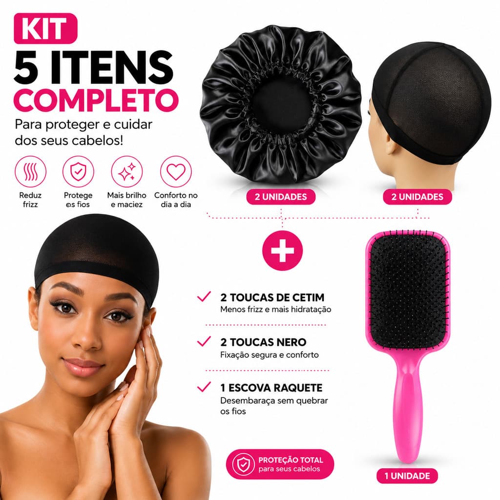 Kit 5 Completo 2 Toucas de Cetim, 2 Toucas Nero e 1 Escova Raquete Anti Frizz e Proteção