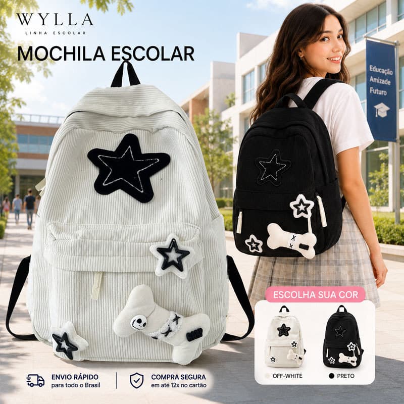 Mochila Escolar Feminina Cotelê Estrela Grande Capacidade Leve Estilo Coreano Faculdade Ensino Médio