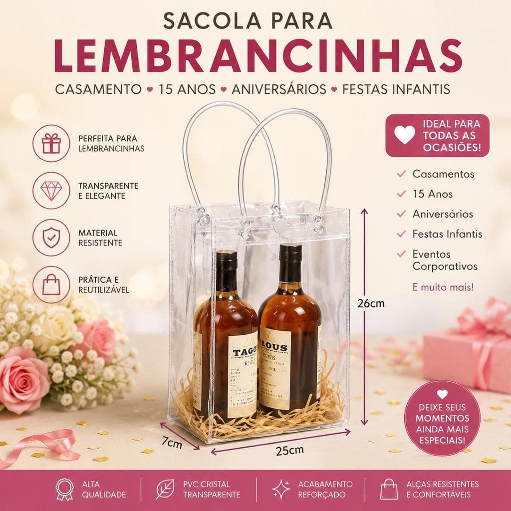 Sacola PVC Transparente com Alça e Botão Lembrancinha Casamento Aniversário TAMANHO GRANDE  26x25