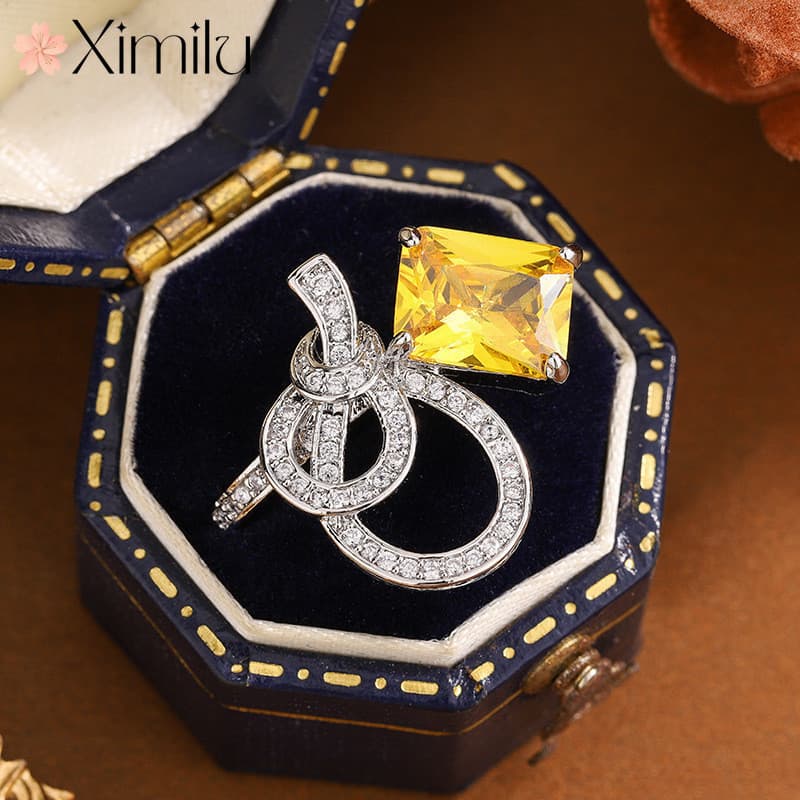♥ Luz luxo presente de aniversário Gypsophila citrino anel feminino arco casal jóias