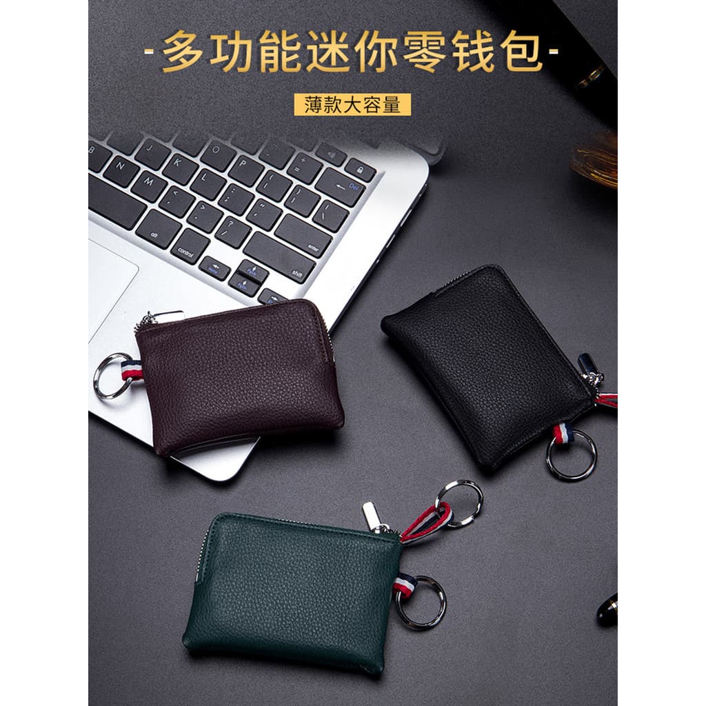 Bolsa de moedas de couro genuíno masculina simples Ultra-fino Mini mudança chaveiro titular do cartão de armazenamento p