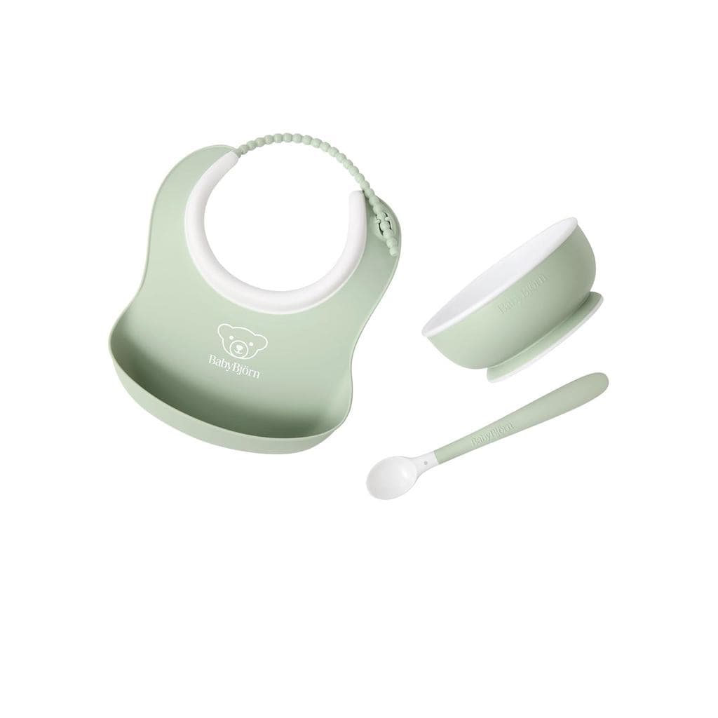Conjunto de Alimentação para Bebês BabyBjörn, 3 peças, Verde Pó |   Inclui prato para bebê, garfo para bebê, colher para