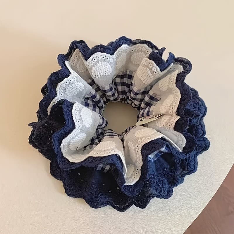Elástico de Cabelo Estilo Coreano, Novo, Azul Marinho, Resistente, com Renda, Tipo Scrunchie, Acessório de Cabelo de Alt