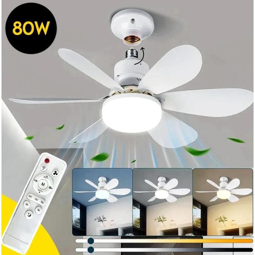 Ventilador de Teto 80W 52CM Lâmpada Portátil Controle Remoto E27 Bivolt
