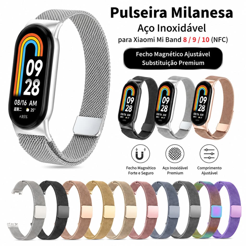 Pulseira Milanesa Aço Inoxidável para Xiaomi Mi Band 8 / 9 / 10 (NFC) – Fecho Magnético Ajustável, Substituição Premium