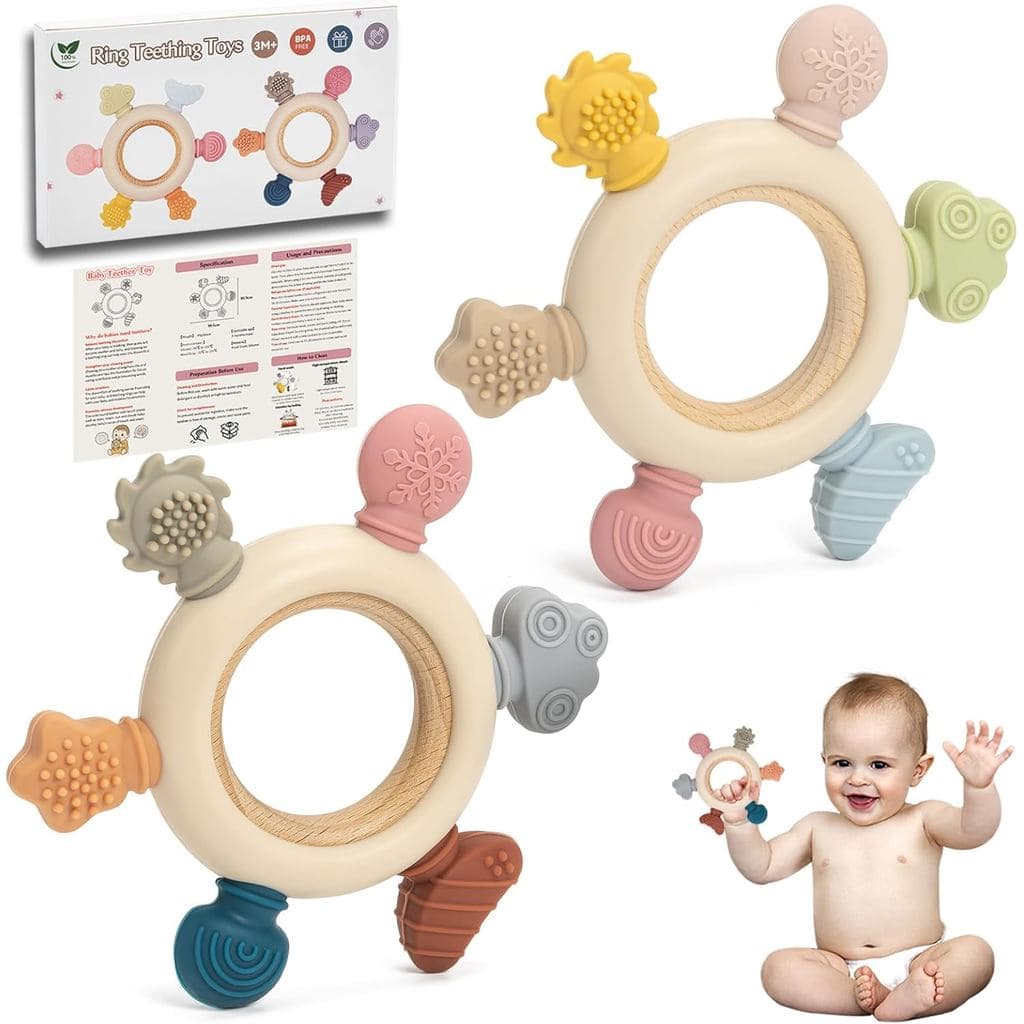 Conjunto de 2 Brinquedos de Mordedor para Bebês, Mordedor de Silicone Livre de BPA para 0 3 6 12 Meses, Brinquedos de Al