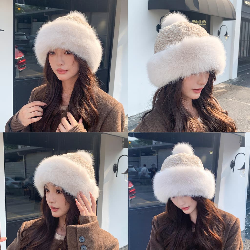 Gorro Mongol Pelinho Sintético Feminino Bucket Hat Falso Pelo Raposa Quentinho Inverno Cobre Orelhas