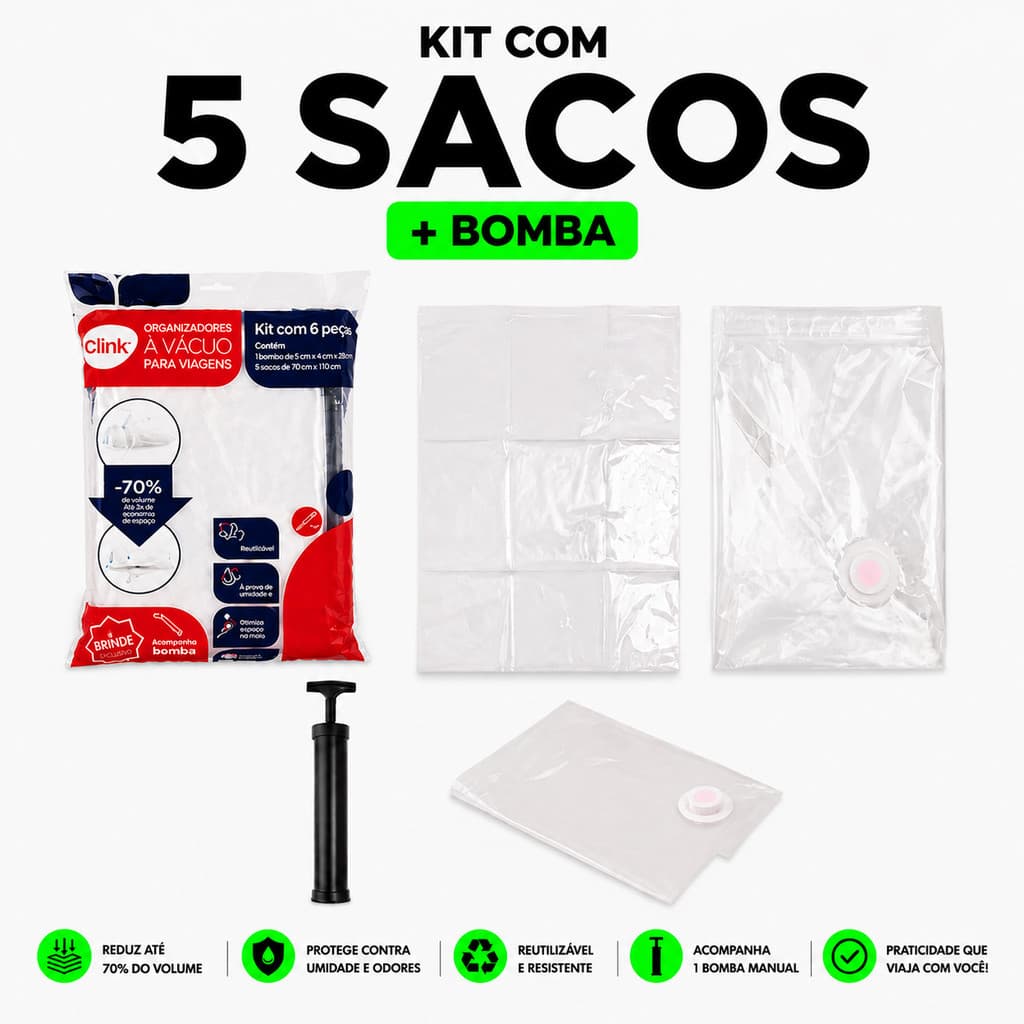 Kit 5 Sacos à Vácuo 50x60cm ou 70x110cm + Bomba Organização Viagem