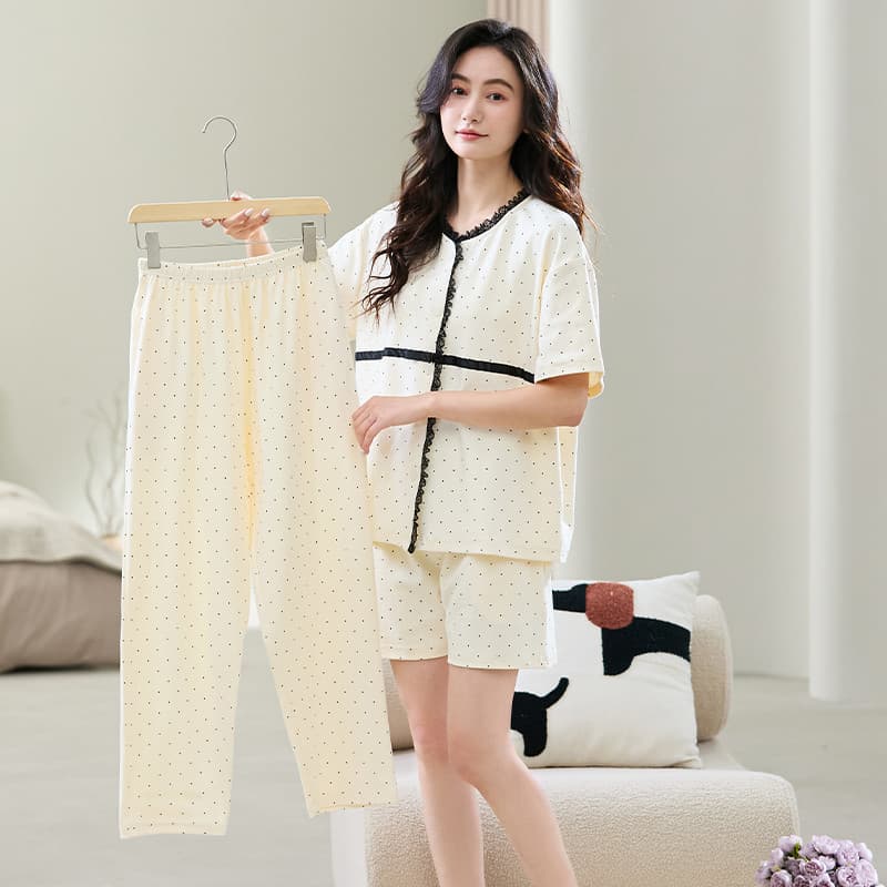 90912 # Women Conjunto De Pijama De 3 Peças 6535 Cardigã De Algodão Manga Curta Top , Shorts E Calças Compridas