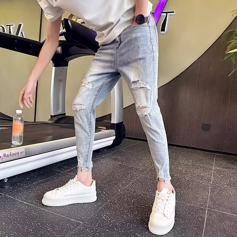 Calças de brim rasgadas masculinas Street Wear verão fino-ajuste magro tornozelo-perna calças exclusivas All-Match calça