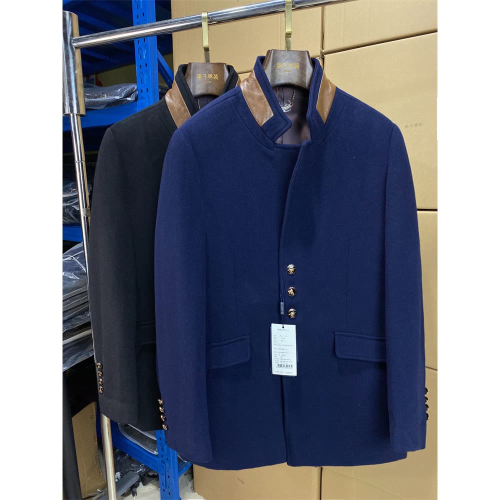 Outono inverno casaco de lã masculino gola alta comprimento médio negócios Casual moda magro-ajuste Multi-botão
