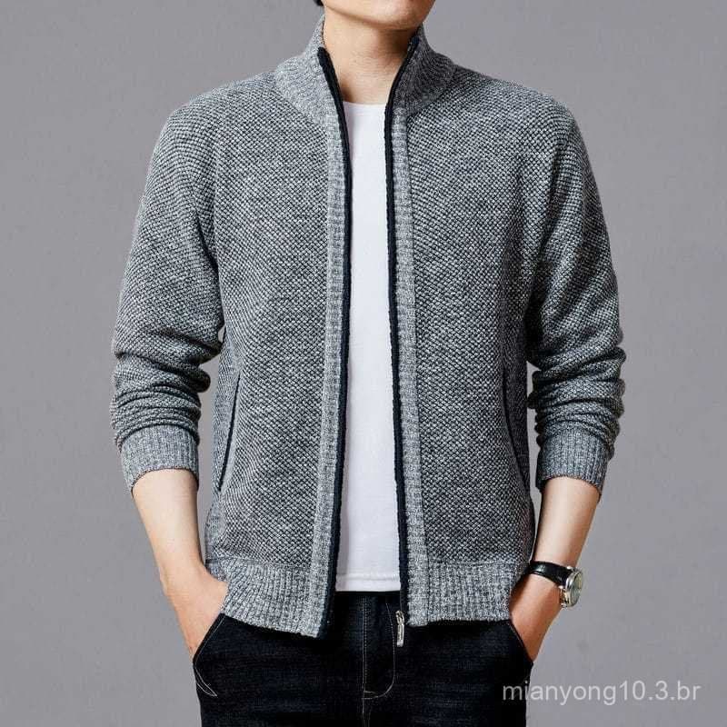Fábrica transfronteiriça masculina outono inverno All-Match gola alta Cardigan de malha longo zíper forro de lã cor sóli