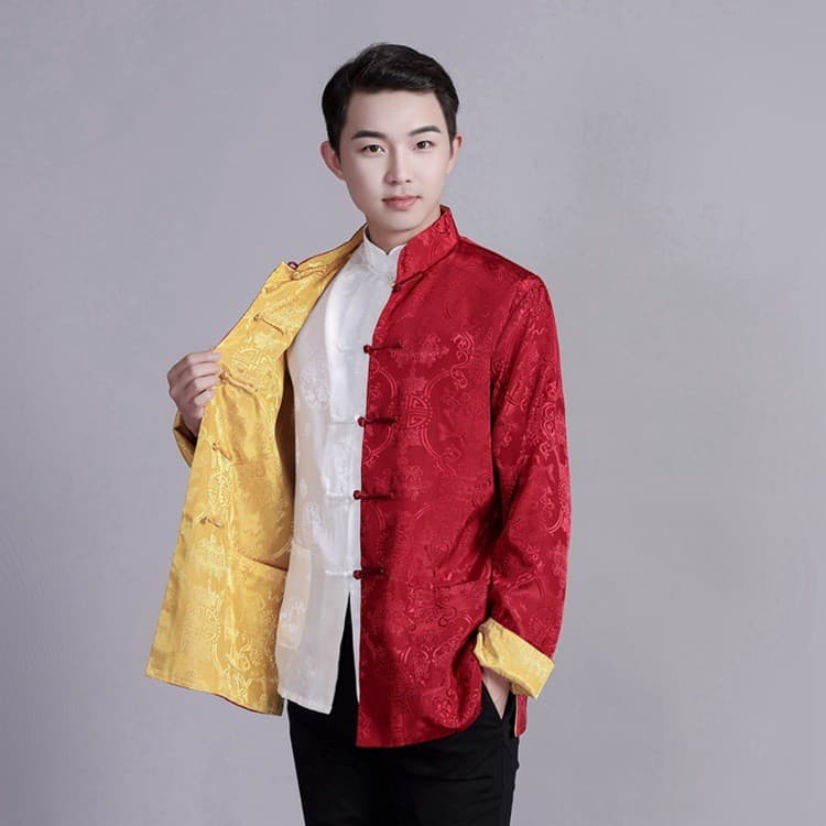 Mid-Spring outono Tang terno masculino dupla face de manga comprida topo Retro estilo chinês gola alta fivela jaqueta ma