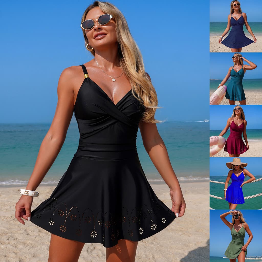 2026 novo estilo maiô de uma peça feminino cor sólida saia oca biquíni
