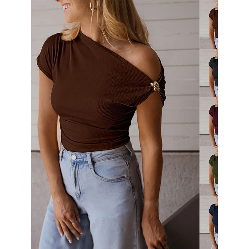 Camisola Feminina De Cor Sólida Com Ombro Inclinado