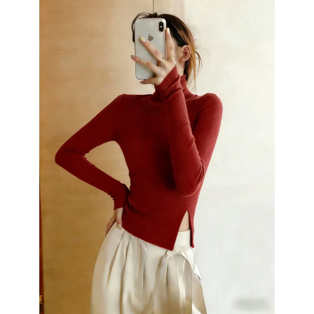 Benming ano vermelho gola alta Pit Strip malhas feminino pulôver ano novo camisola vermelha camisa de fundo interno boni