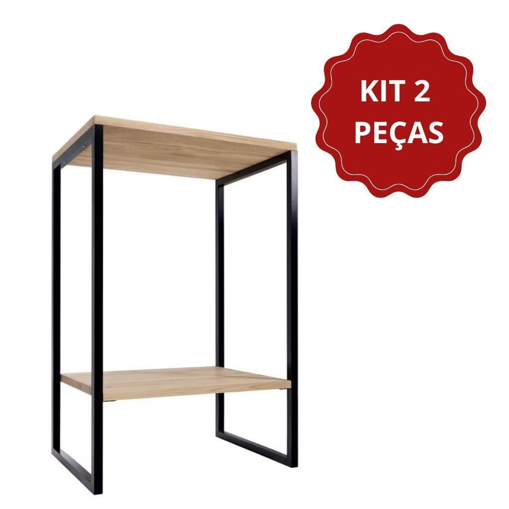 Mesa de Cabeceira, Criado Mudo Ferro e Madeira Pinus - KIT 2 PEÇAS - Melhor Preço