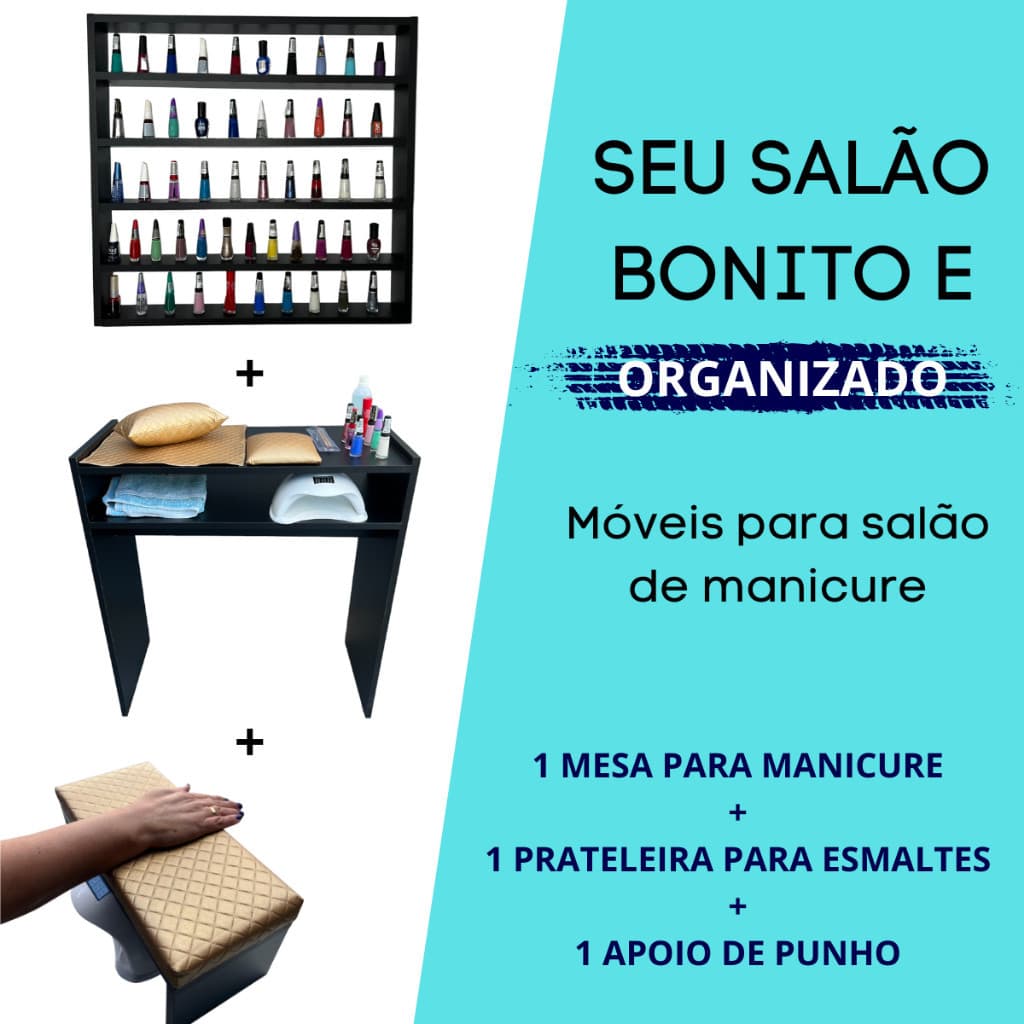 Kit Manicure Mesa Bancada + Expositor p/ 200 Esmaltes + Apoio de Mão Dourado