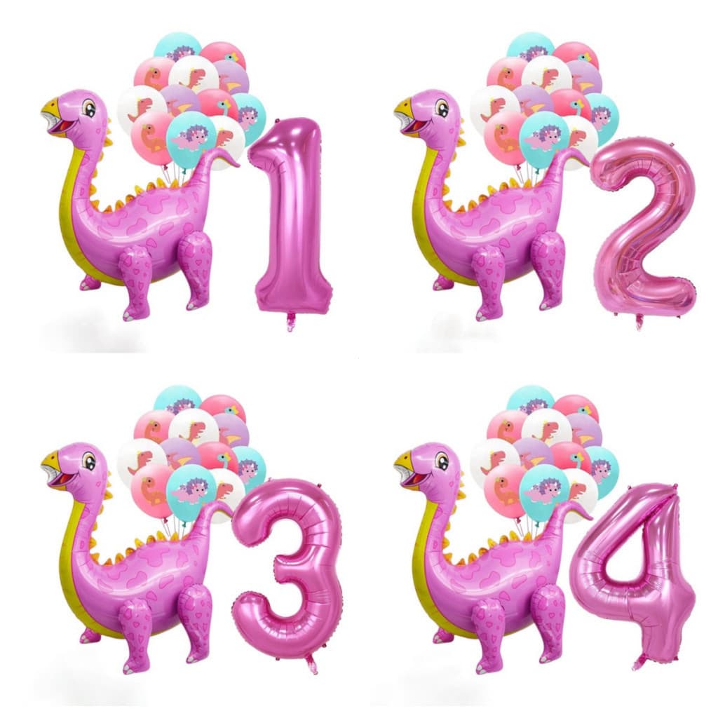 Balão De Dinossauro Rosa Conjunto Dino Foil Ballon Bouquet Temático Festa De Aniversário Decor Girl 3o Digital Número