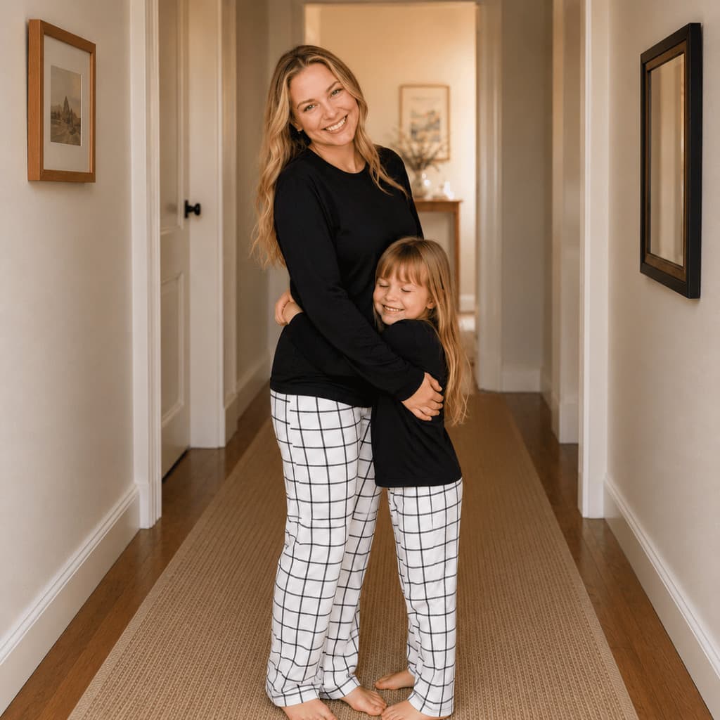 Kit 2 Pijamas Malha Premium Mãe e Filha Xadrez Preto Inverno Blusa Manga Longa