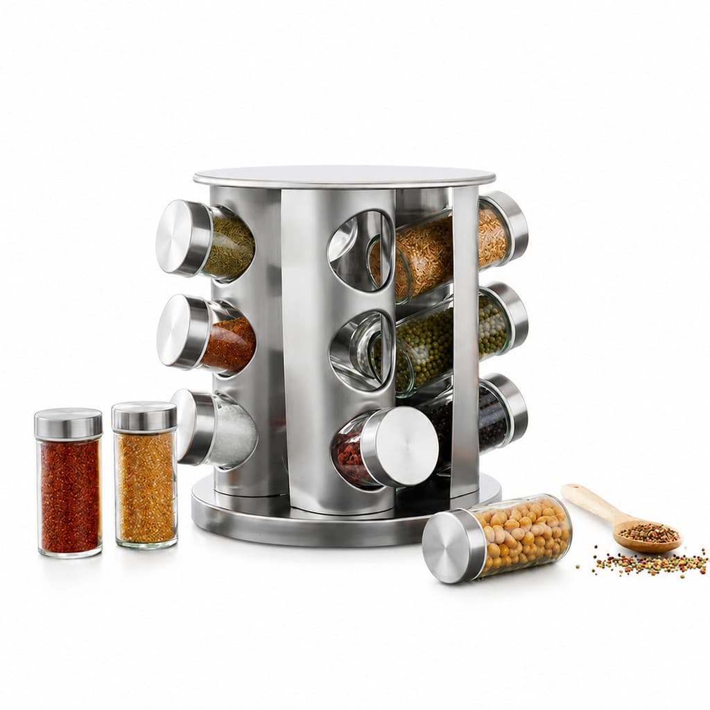 Porta Temperos Giratório 360° Inox 12 Potes de Vidro Premium