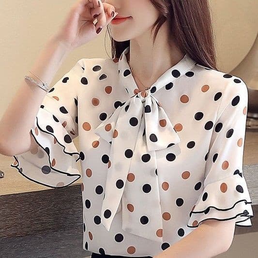 Blusa de Chiffon Plus Size para Mulheres, Estilo Coreano, Estampada com Laço e Poá, Manga Curta K74F