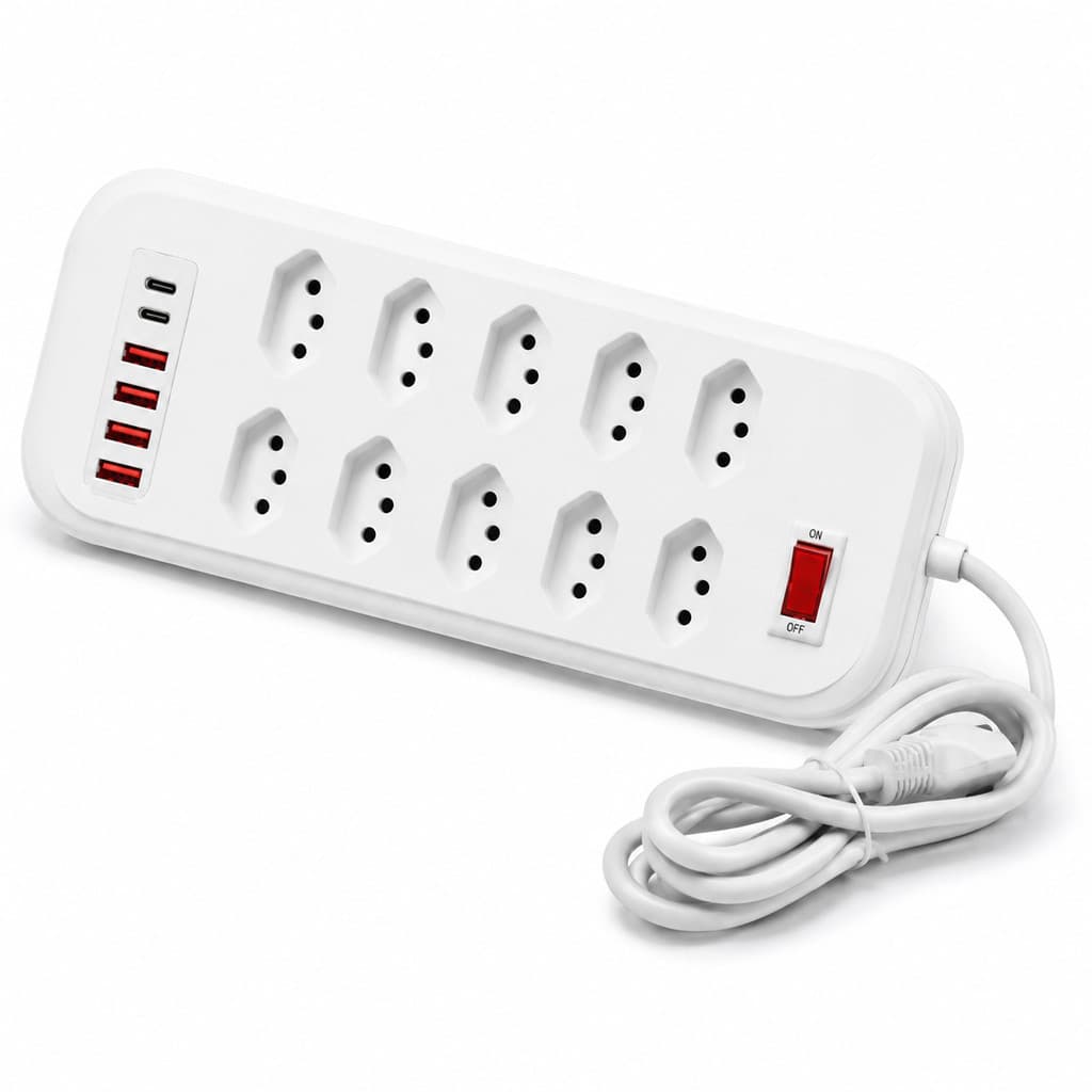 Régua de Energia 2500W Extensão 2m com 10 Tomadas, 4 Entradas USB e 2 Tipo-C  Multifuncional Bivolt Proteção