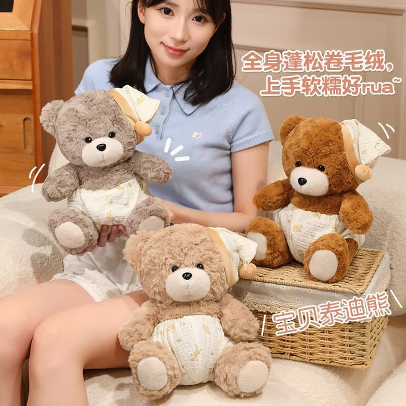 Urso de Pelúcia Marrom Sonolento com Pijama Floral, Brinquedo Macio e Fofo, Boneco de Urso Adorável para Dormir, Present