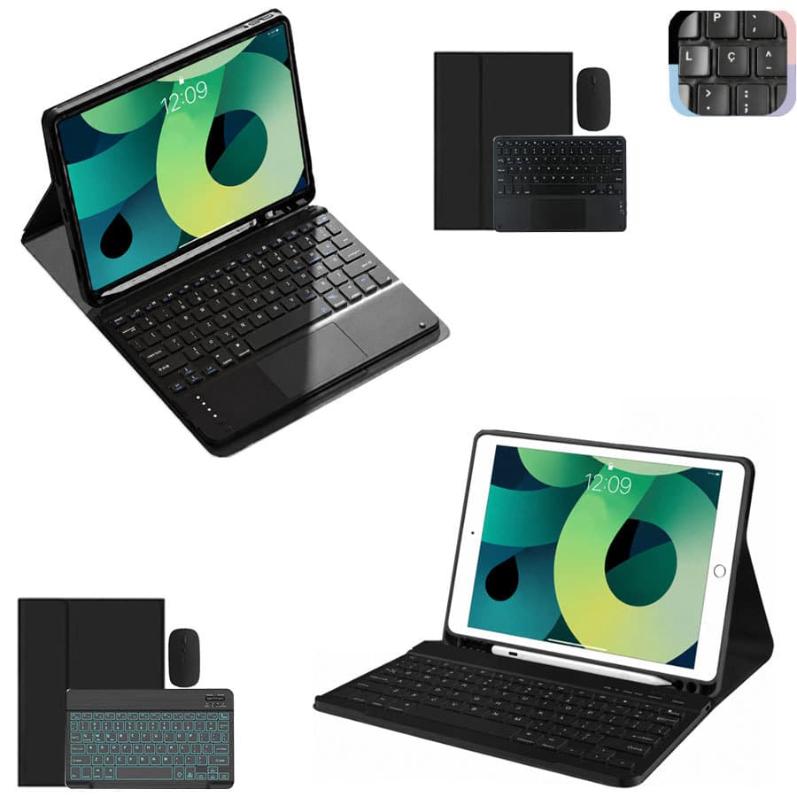 Capa anti-queda para iPad 11ª (A16) / 10ª  com teclado touchpad / iluminado Bluetooth ABNT2 com "Ç" + mouse sem fio