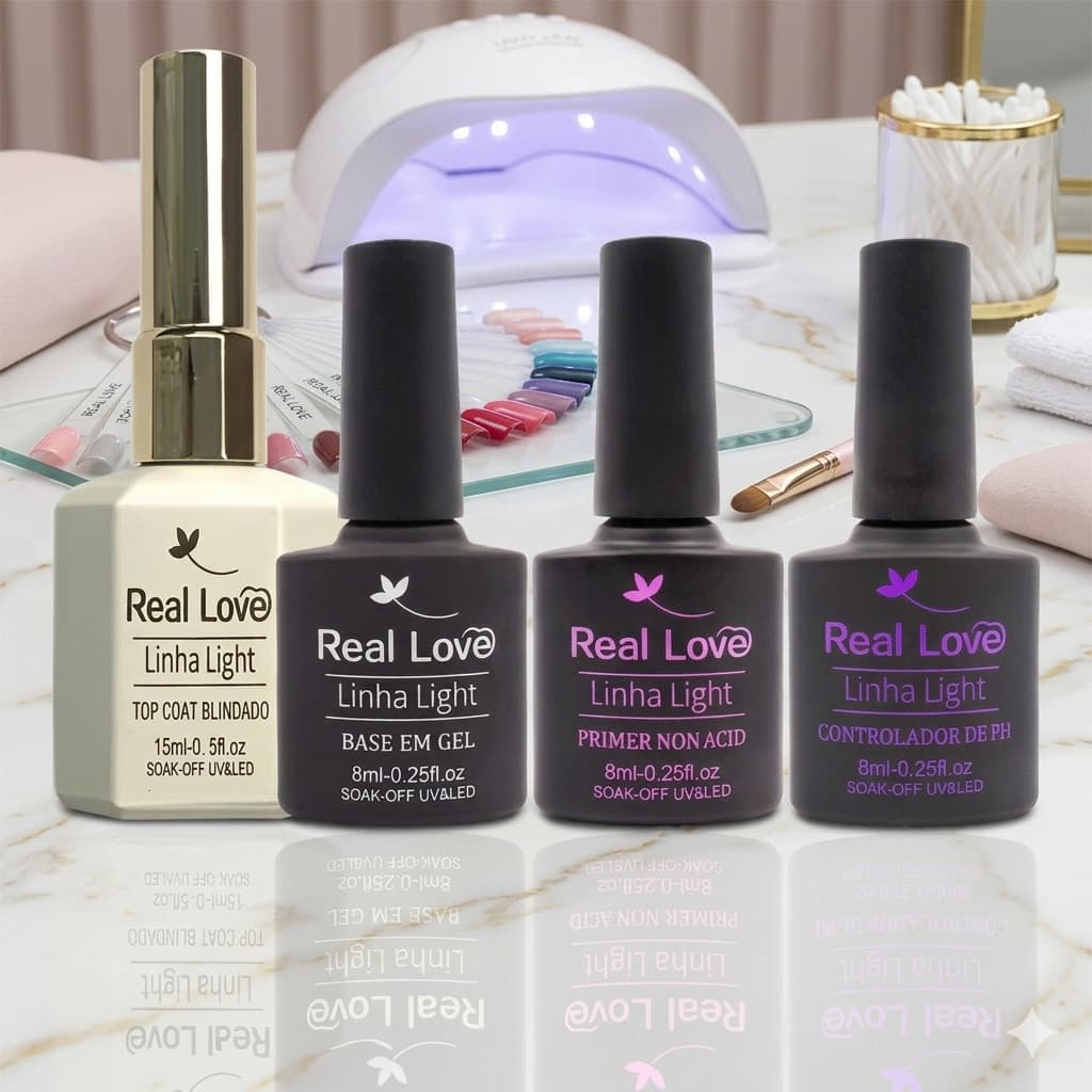 Kit Completo Real Love Linha Light: Top Coat Blindado, Base, Primer e Control. pH