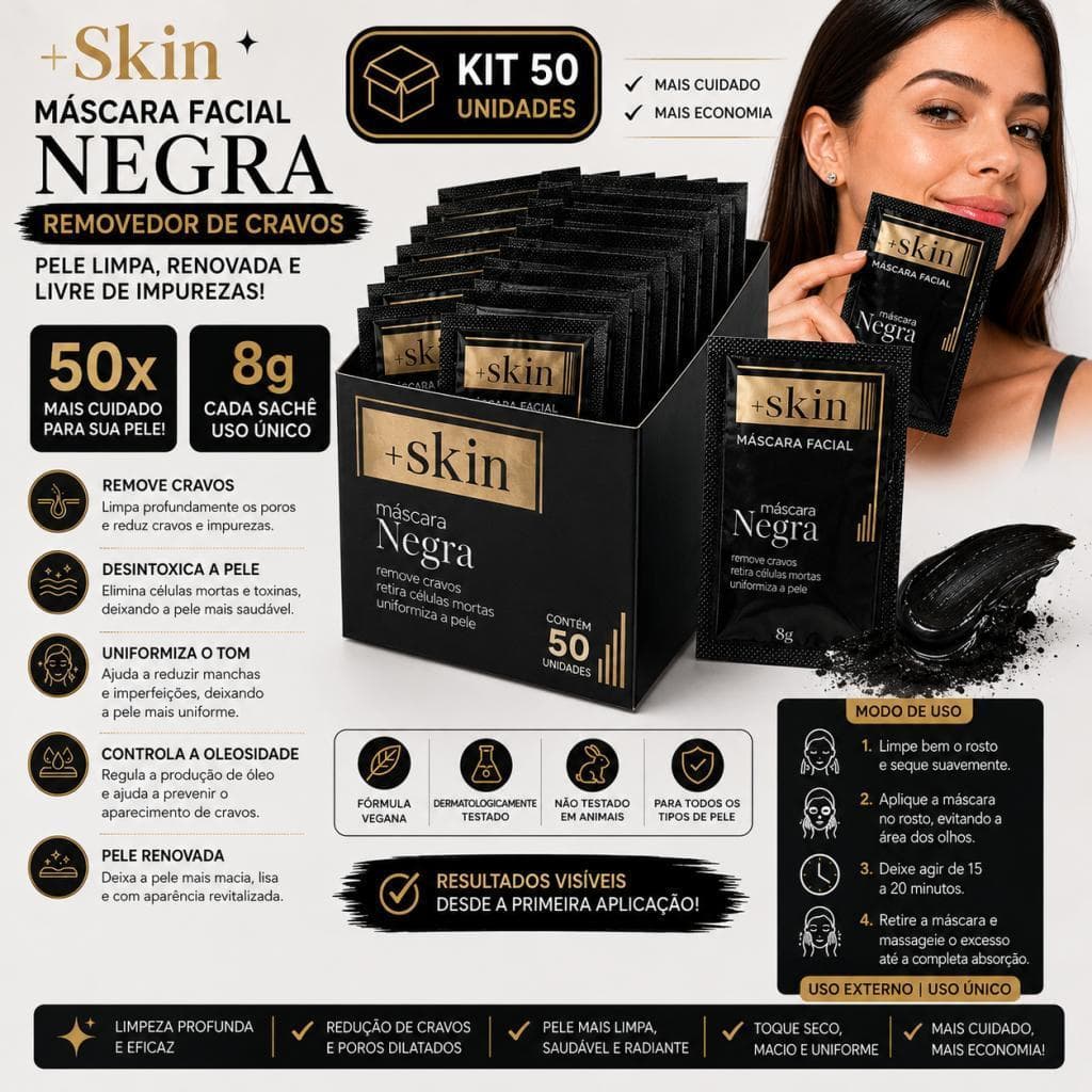 Kit 50 Máscaras Faciais Negras + Skin Removedor de Cravos 8g