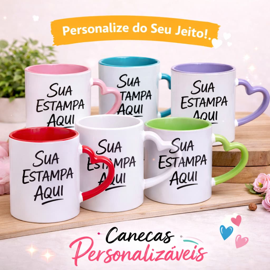Caneca 325ml Personalizada xicara de porcelana Alça Coração Presente especial com Nome, Foto ou Frase mãe namorada