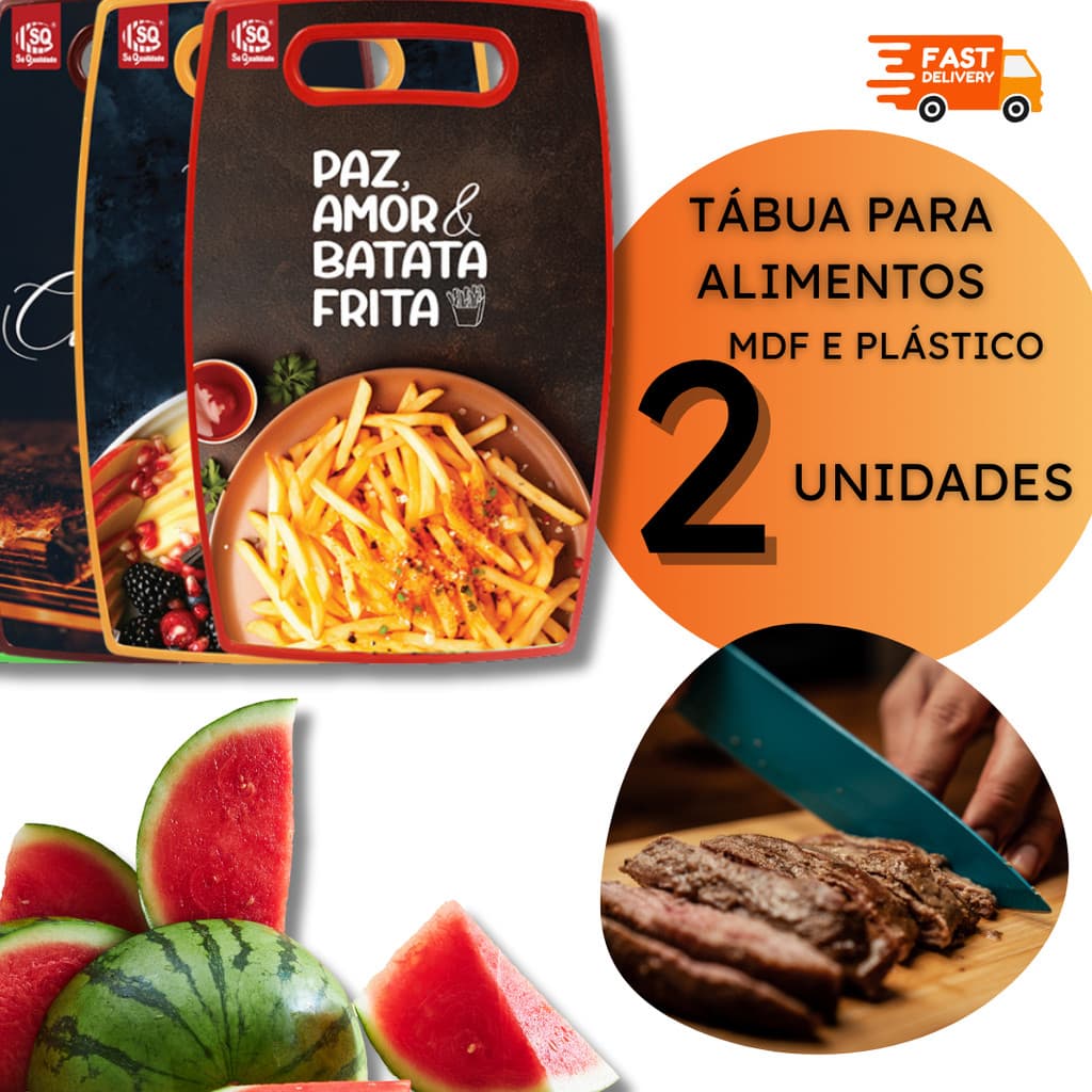 Kit Tábuas de Cozinha Tábua Corte Plástico e MDF Coloridas Carne Legumes Verduras