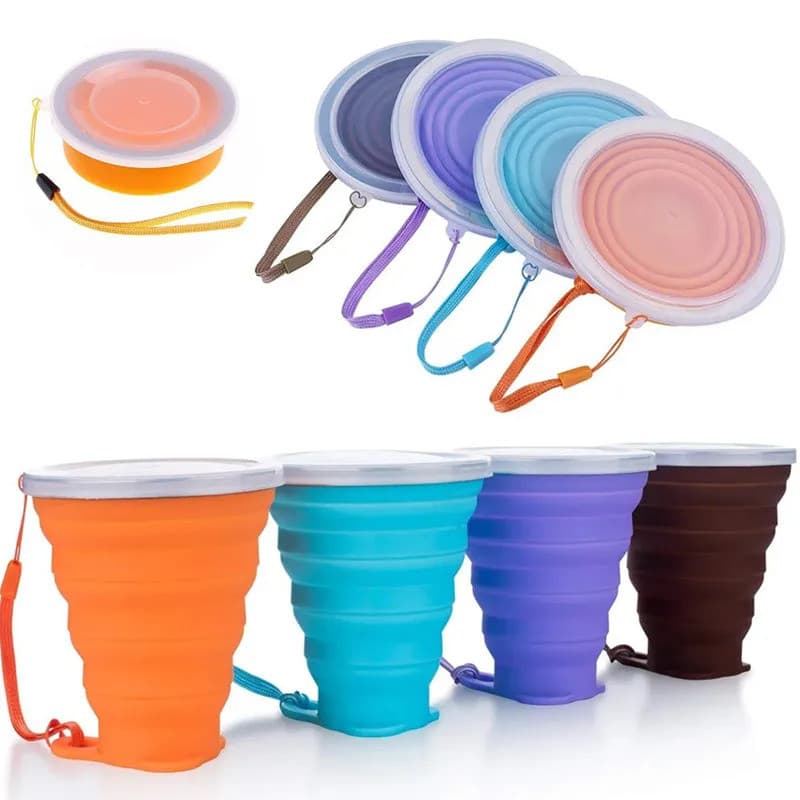 Copo Retrátil de Silicone Portátil para Uso Externo com Tampa, Copo de Café para Acampamento, Piquenique, Caminhada, Min