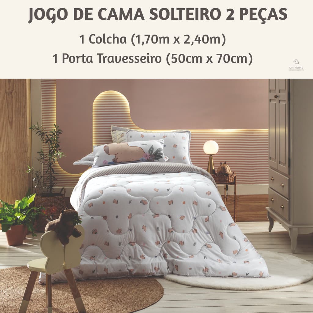 Jogo de Colcha Solteiro Infantil 2 Peças Altenburg Mundo Kids Capivara Algodão - Ação Antimicrobiana