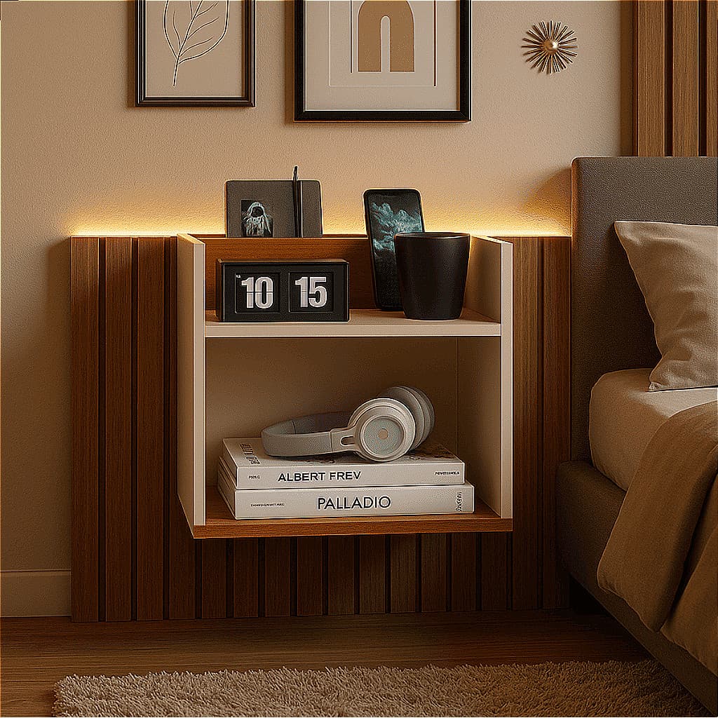 Mesa Lateral De Cabeceira Suspensa Cama Box Madri Divisória Nicho Estilo Retro Quarto