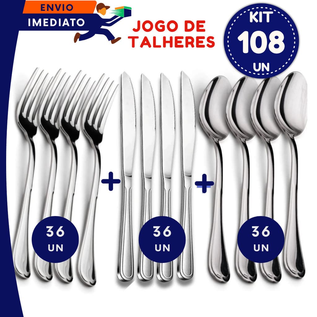 Conjunto kit Talheres 108 peças Conjunto Inox Garfo Faca Colher Faqueiro Casa Cozinha Restaurante Festa Buffet Presentes