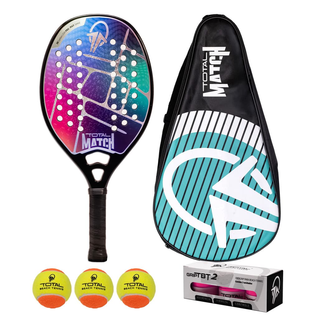 Kit Raquete Beach Tennis Carbono 3k Total Match 2025 + 3 Bolas + Grips + Fita + Capa