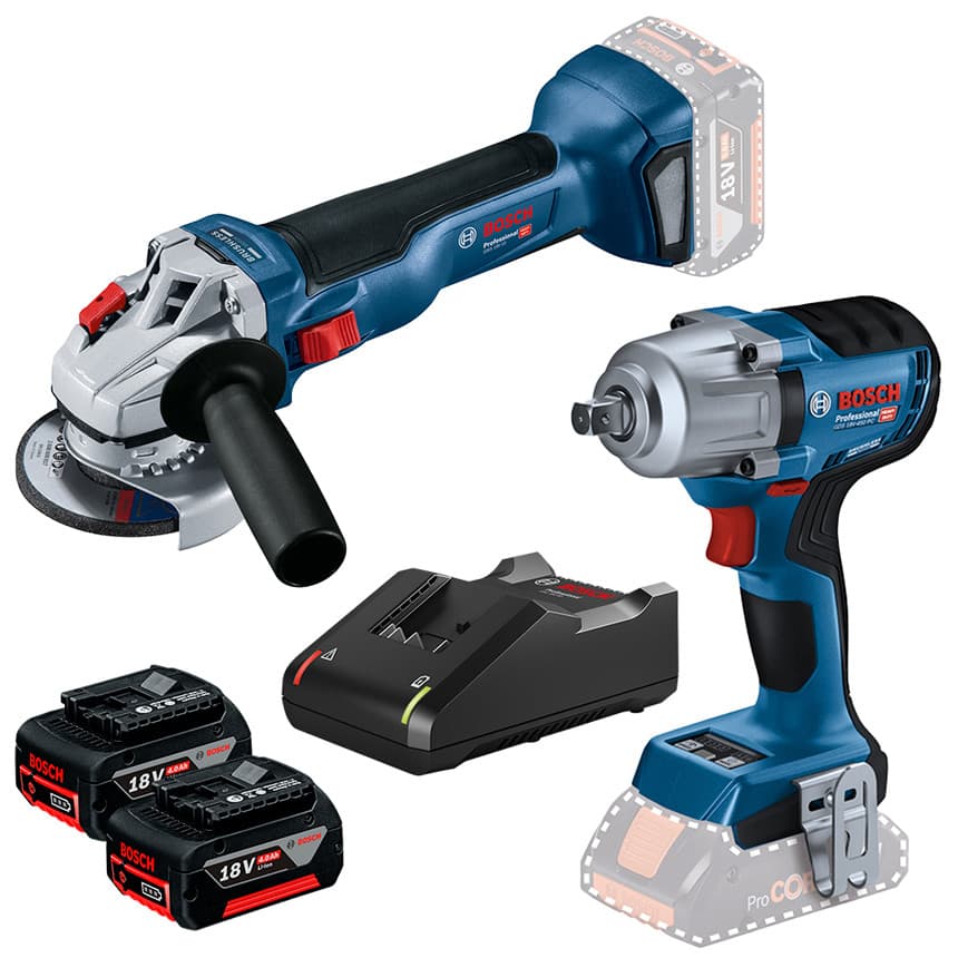 Kit Chave de Impacto 1/2" GDS 18V-450 PC + Esmerilhadeira 5" 125mm GWS 18V-10 + 2 Bateria 4Ah + Carregador Rápido Bosch