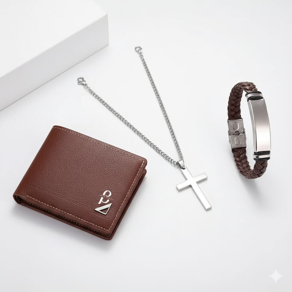 KIT 3 Peças Masculino: Carteira Marrom + Colar Cruz Aço Inox + Pulseira Couro Trançado