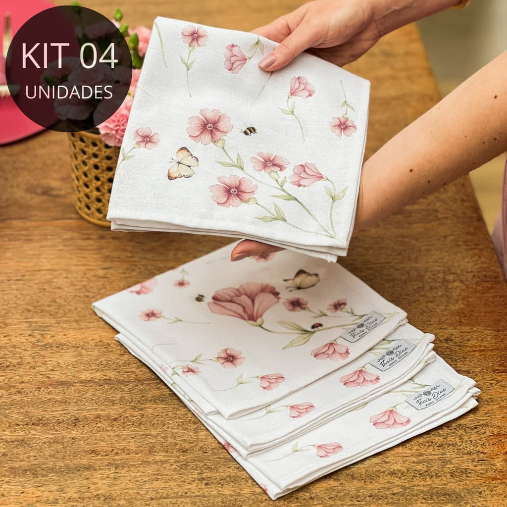 Kit 4 Guardanapos em Linho Misto - Coleção Jardim Regado