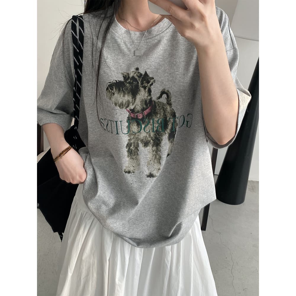Sun Pomelo Scribble Schnauzer Americano Retro Impresso Camiseta de Manga Curta Mulheres Verão Solto Top de Desenho Anima